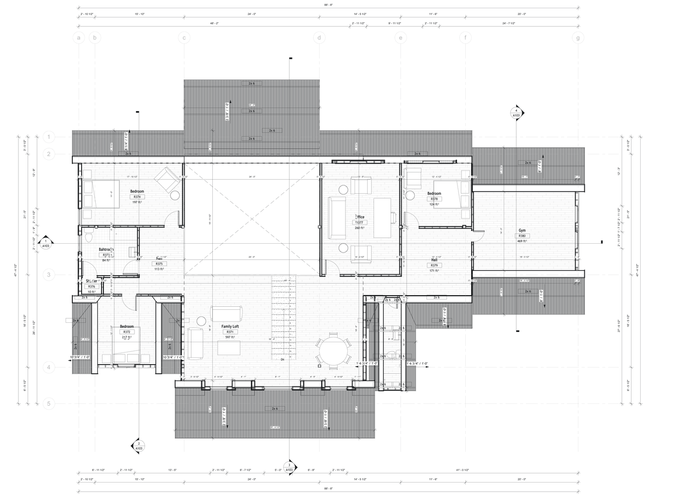 The Long House, First floor plan, A102, drawing sheet