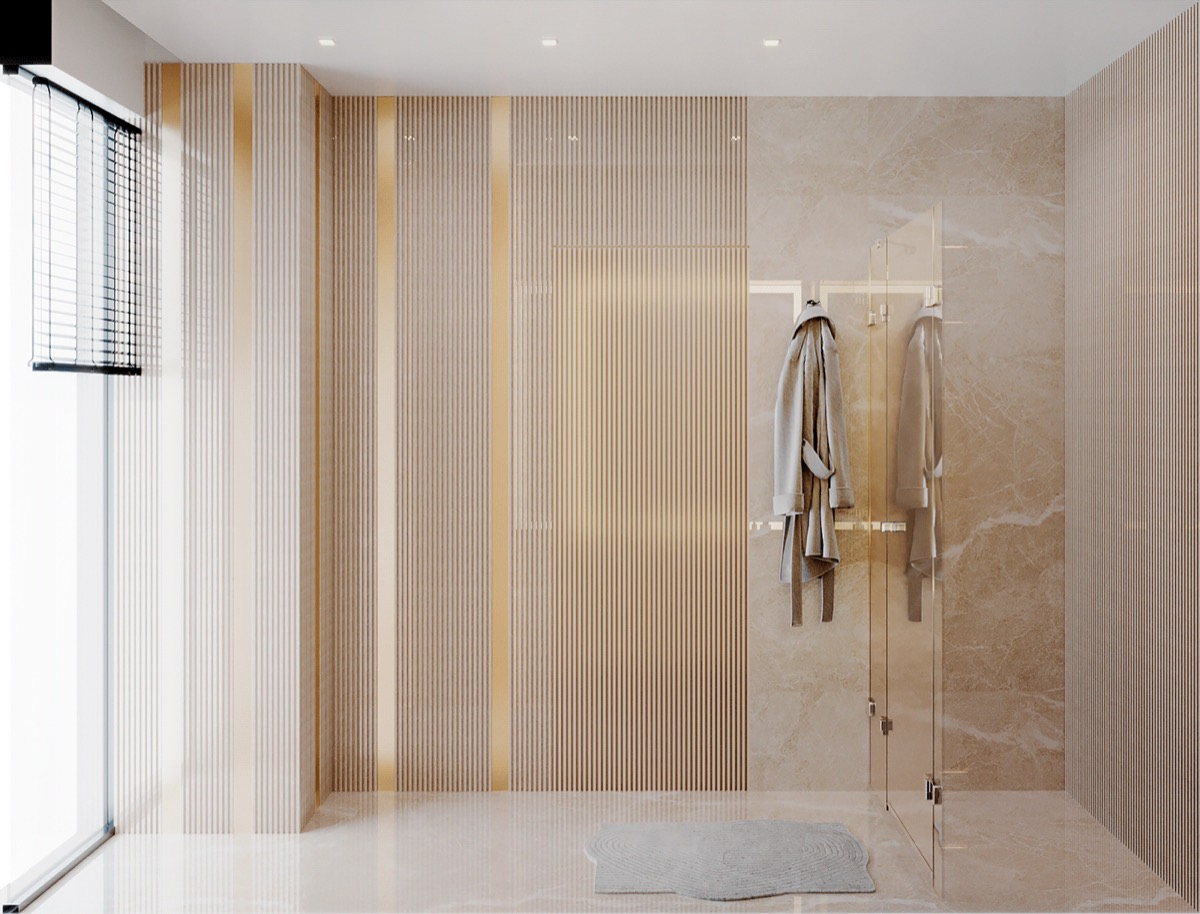 Interior visualisation: marble and timber bathroom, view 3 of 3