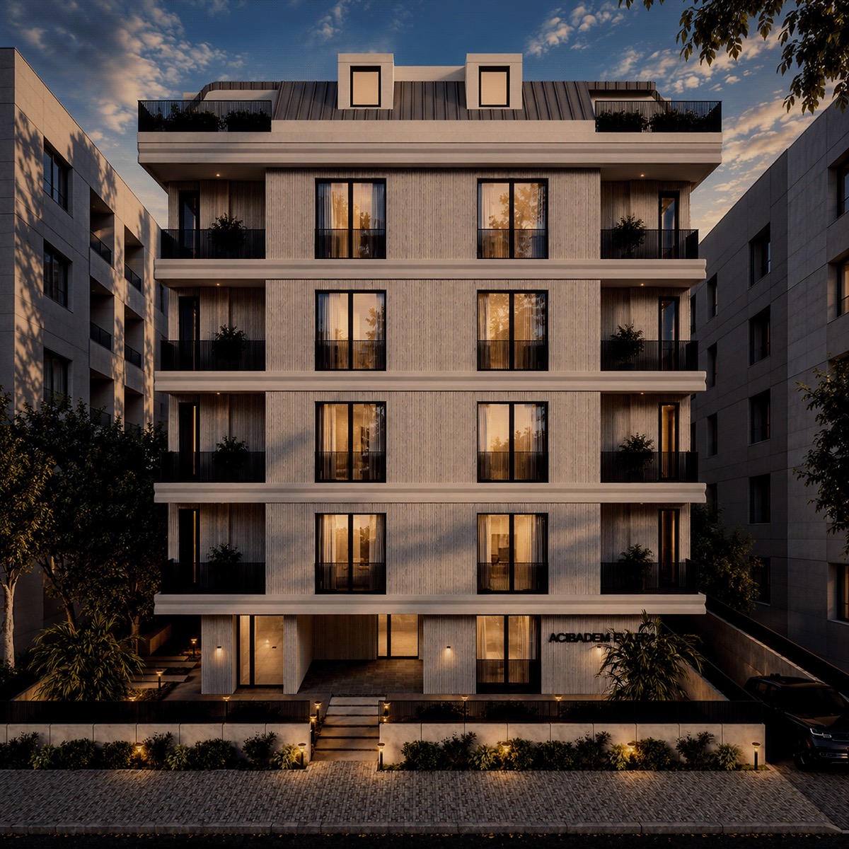 Visualisation of an apartment building at night, Acıbadem, Istanbul