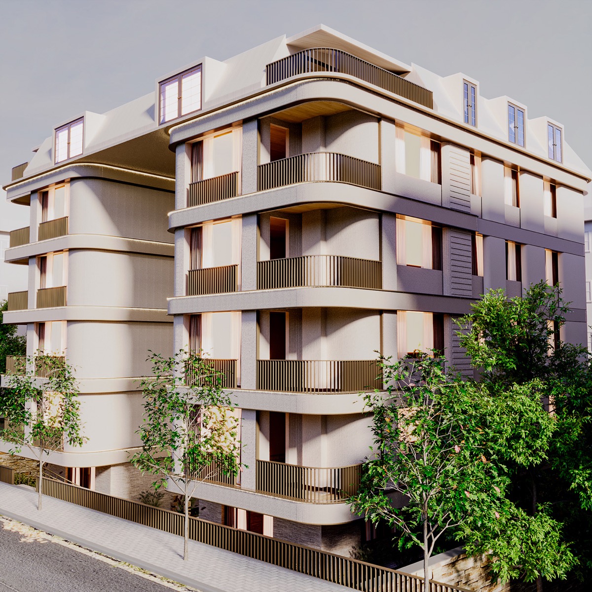 Visualisation of the corner of Yeşilköy Apt: balcony slabs curve around the corner on every floor