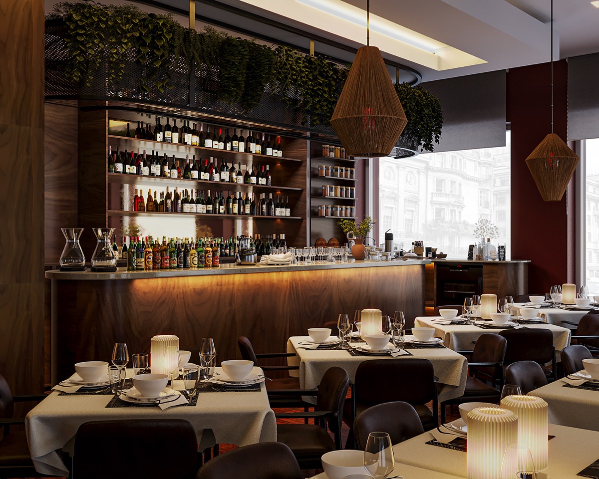 Visualisation of a restaurant interior with a bar