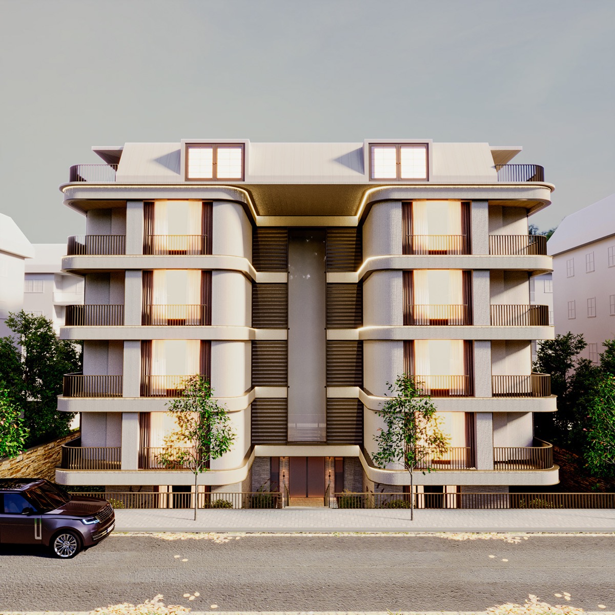 Yeşilköy Apt sokak cephesi ve geri çekilmiş orta aks