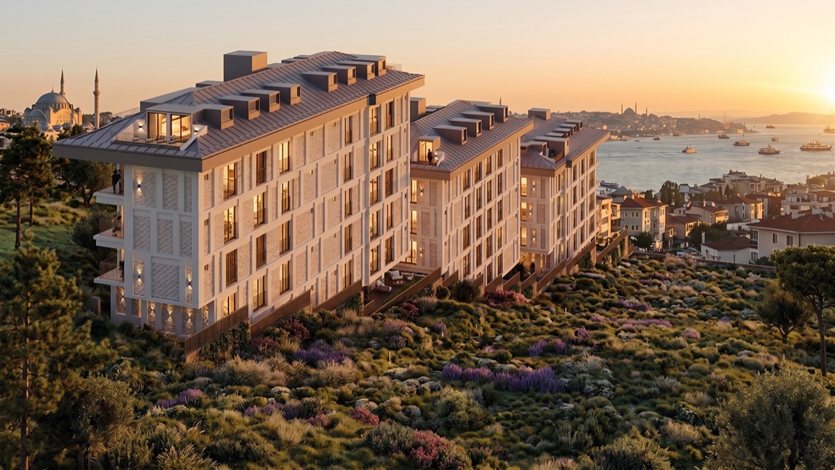Visualisation of residential buildings on a hillside above the city at dusk, Kısıklı, Istanbul