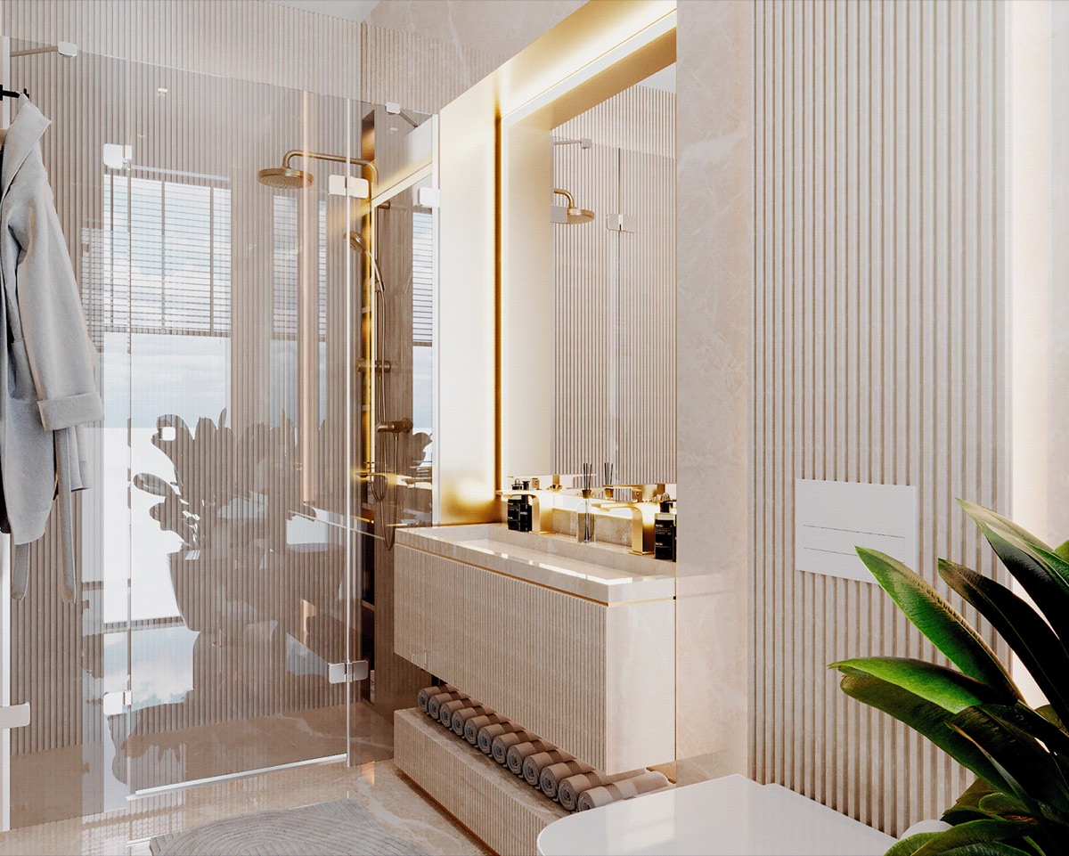 Visualisation of a marble and timber bathroom