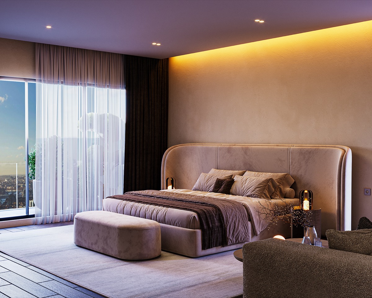 Visualisation of a bedroom with a low upholstered bed