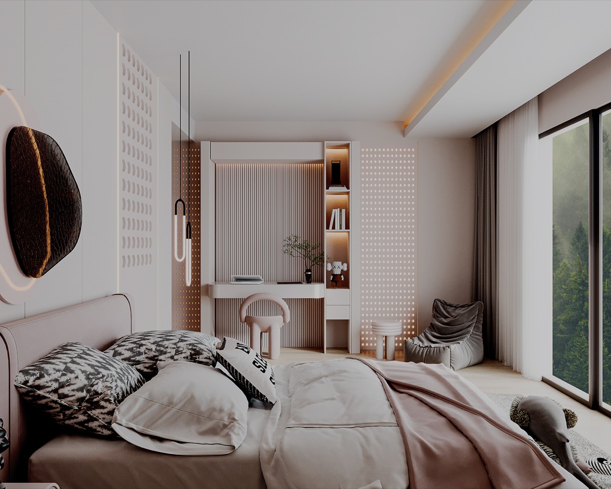 Interior visualisation: Children’s room, soft palette, view 1 of 10