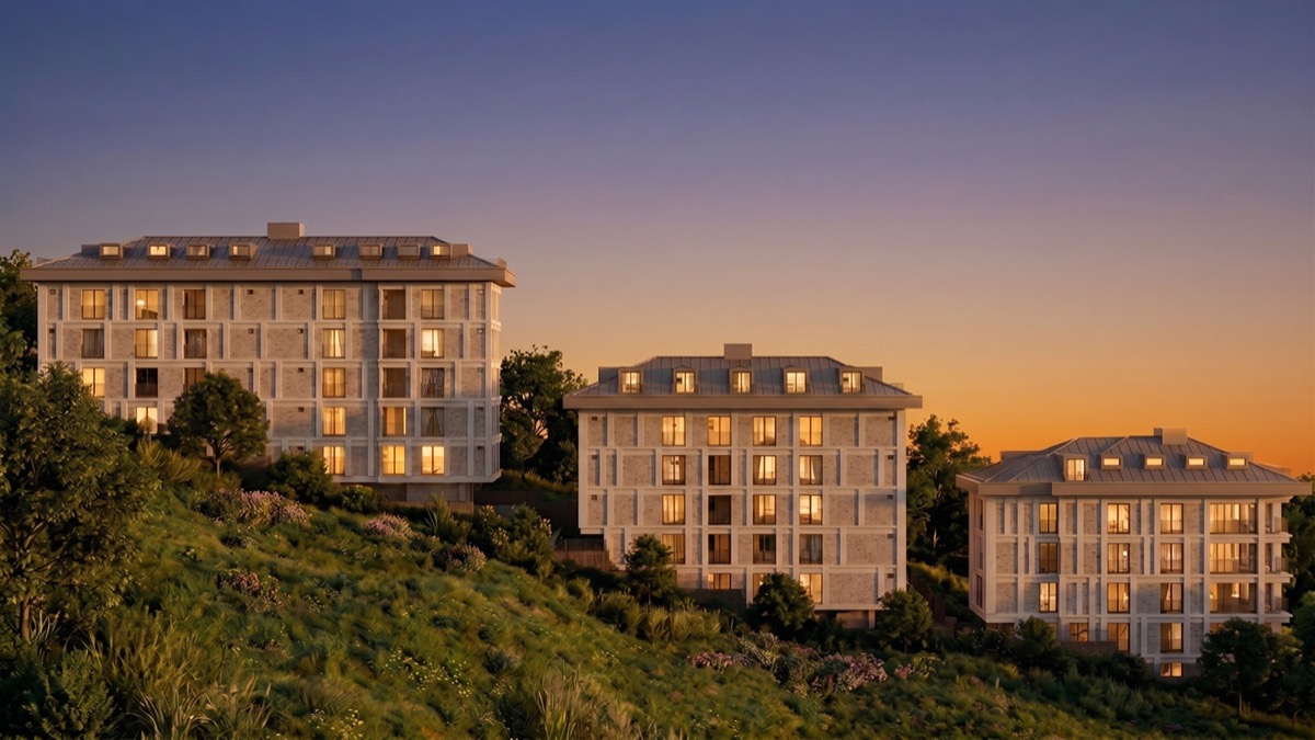 Visualisation of three residential buildings on a wooded hillside at dusk, Kısıklı, Istanbul