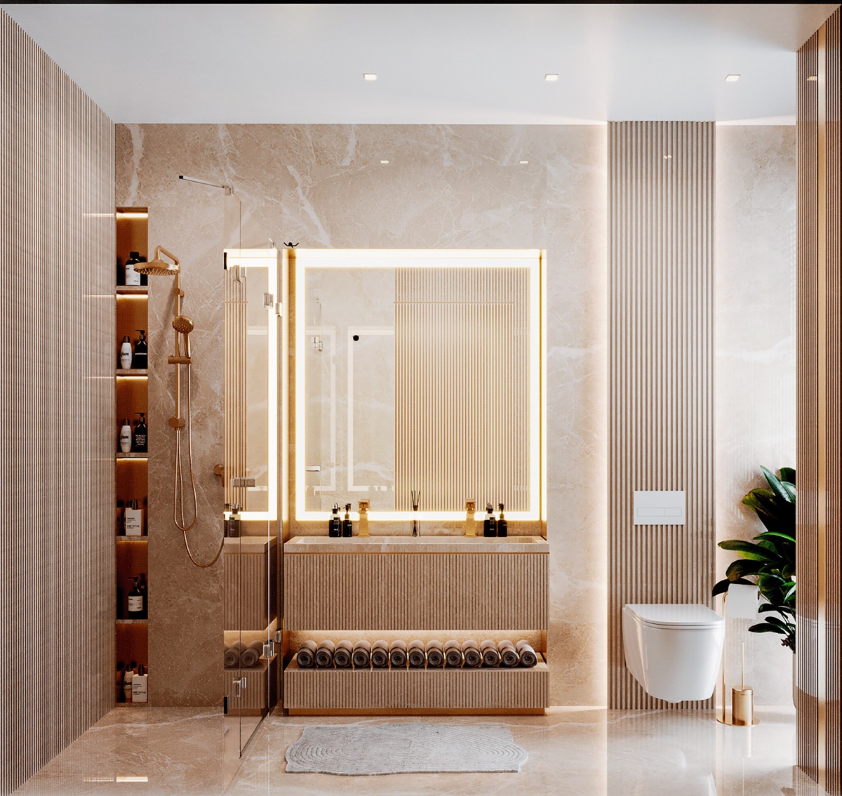 Interior visualisation: marble and timber bathroom, view 2 of 3