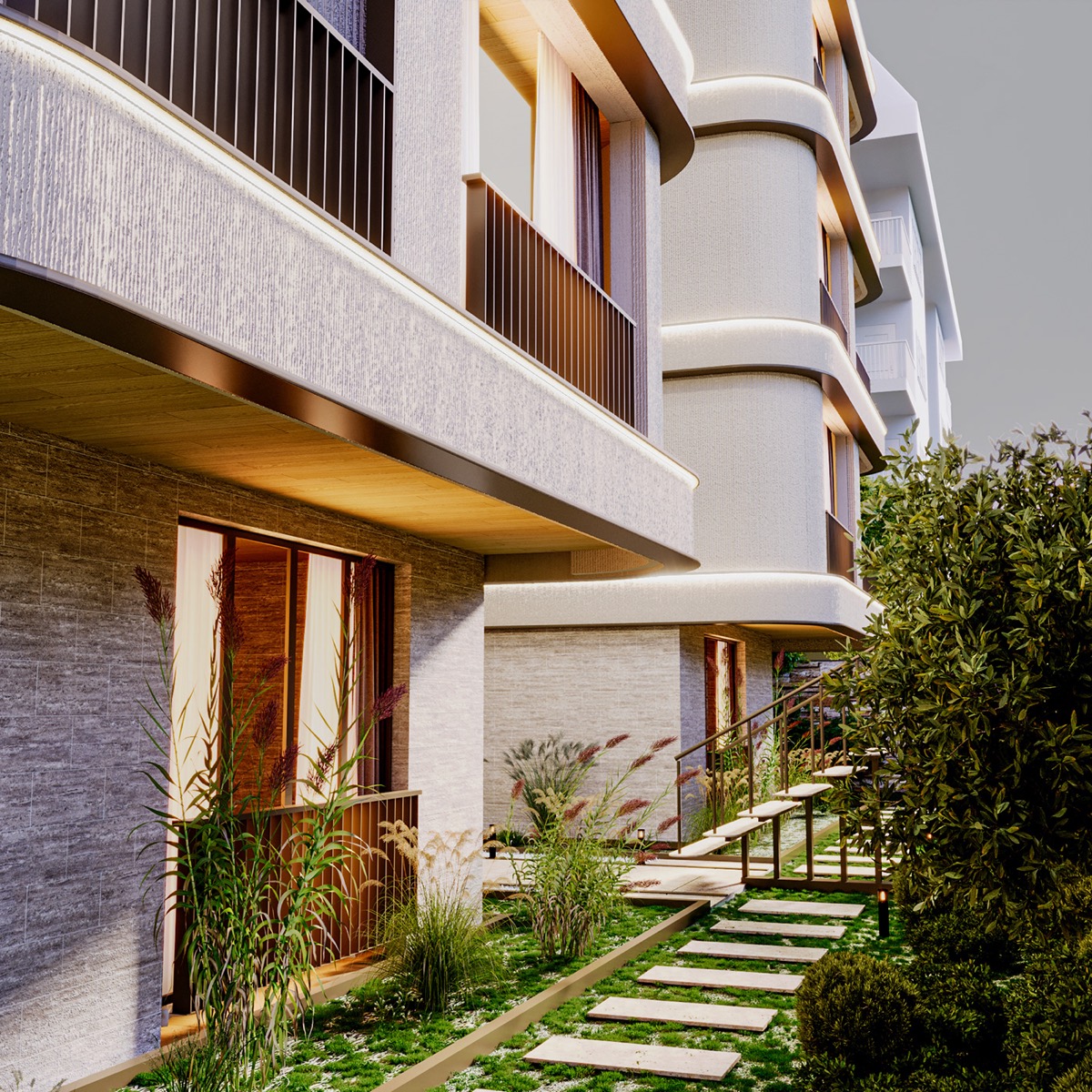Yeşilköy Apt balkon kenarları boyunca bakış: koyu duvarların önünde açık renk döşemeler