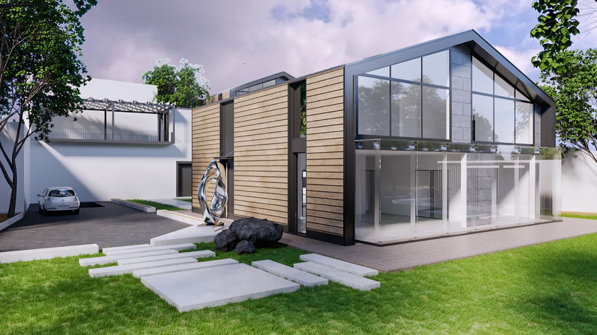 Visualisation of a Kısıklı Konakları house: a gabled steel-framed volume with a glazed end wall