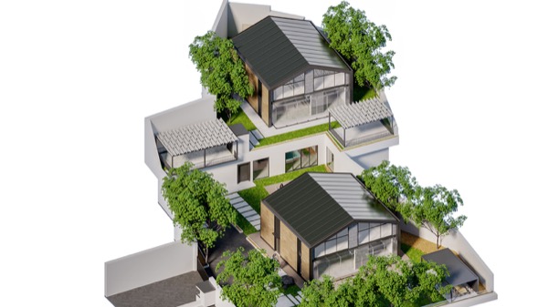 Axonometric visualisation of the Kısıklı Konakları site: two houses, terraces and planted roofs